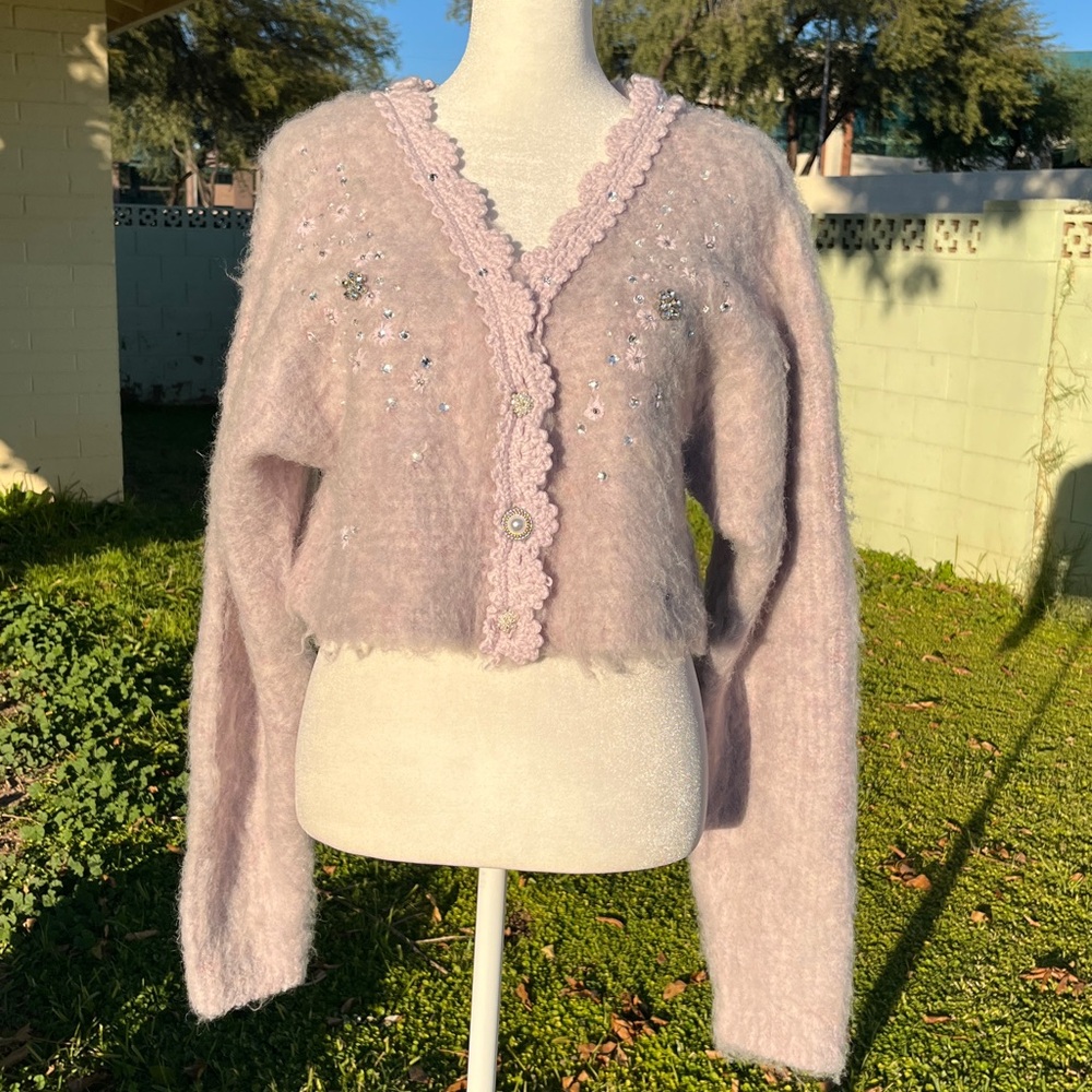 Urban Outfitters holiday party sweater in lilac, w/ pearls & rhinestones. Size M - Picture 5 of 11